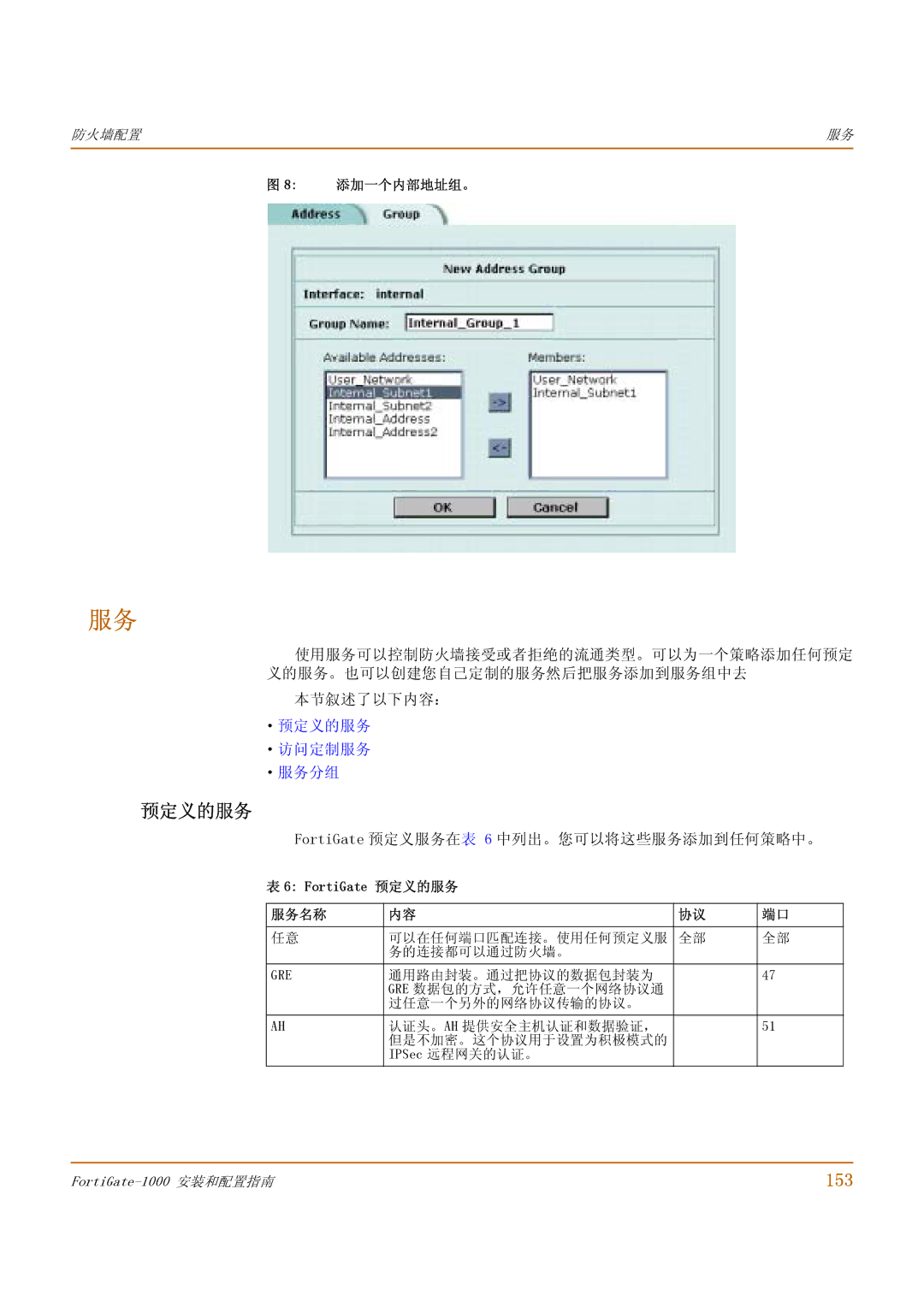 Fortinet 1000 manual 153, FortiGate 预定义服务在表 6 中列出。您可以将这些服务添加到任何策略中。, 添加一个内部地址组。, FortiGate 预定义的服务 服务名称 