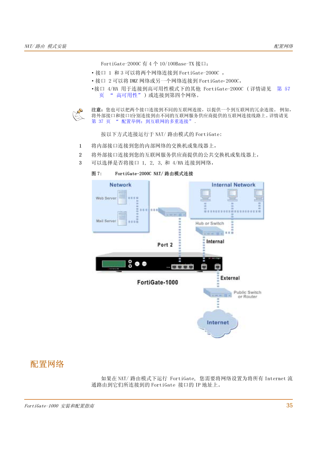 Fortinet 1000 manual 配置网络, FortiGate-2000C NAT/ 路由模式连接 