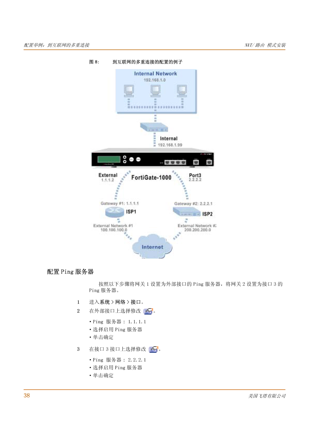 Fortinet 1000 manual 配置 Ping 服务器, 按照以下步骤将网关 1 设置为外部接口的 Ping 服务器，将网关 2 设置为接口 3 的 Ping 服务器。, 进入系统 网络 接口。, 到互联网的多重连接的配置的例子 