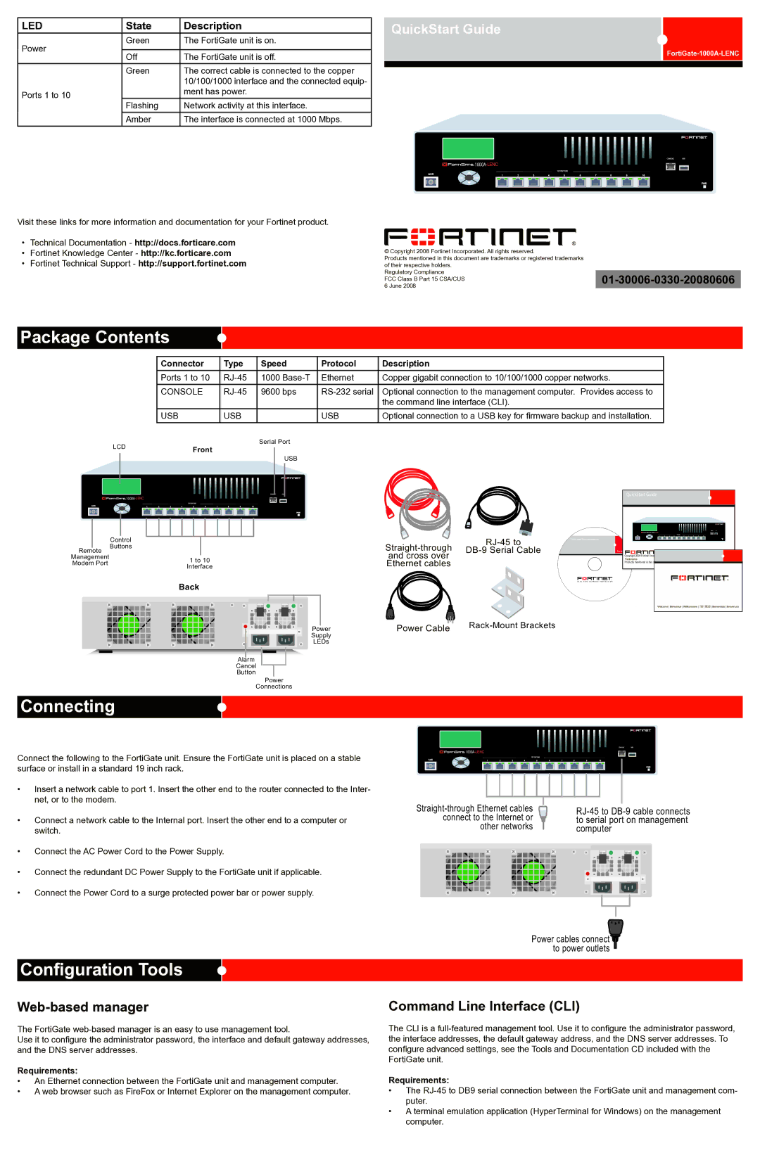 Fortinet 1000A-LENC quick start Package Contents, Connecting, Configuration Tools 