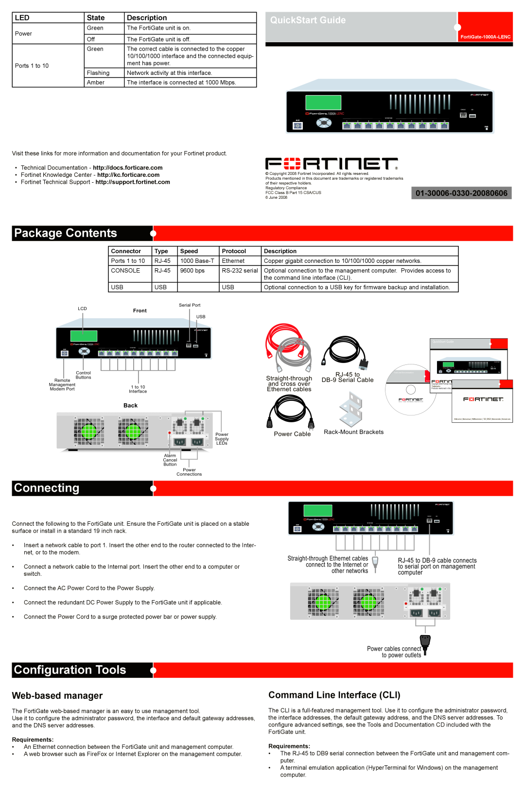 Fortinet 1000A-LENC quick start Package Contents, Connecting, Configuration Tools, Web-based manager, QuickStart Guide 