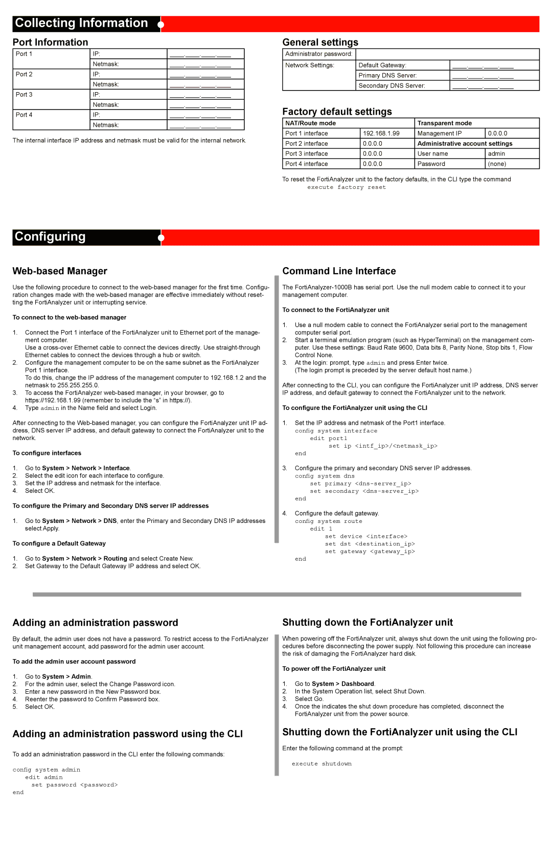 Fortinet 1000B Collecting Information, Configuring, Port Information, General settings, Factory default settings 