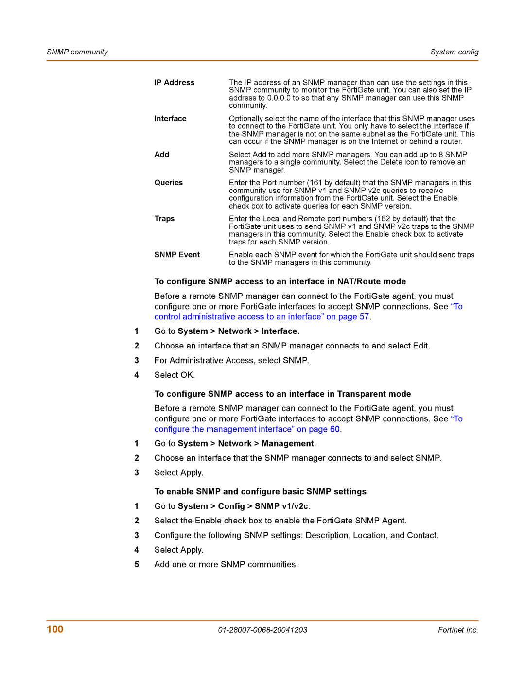 Fortinet 100A manual To configure Snmp access to an interface in NAT/Route mode 