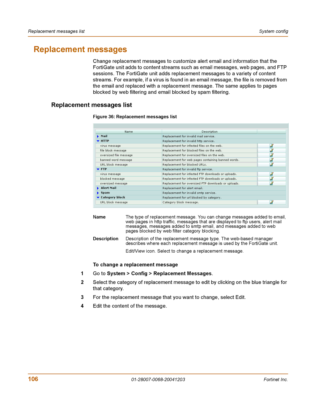 Fortinet 100A manual Replacement messages list, 106 