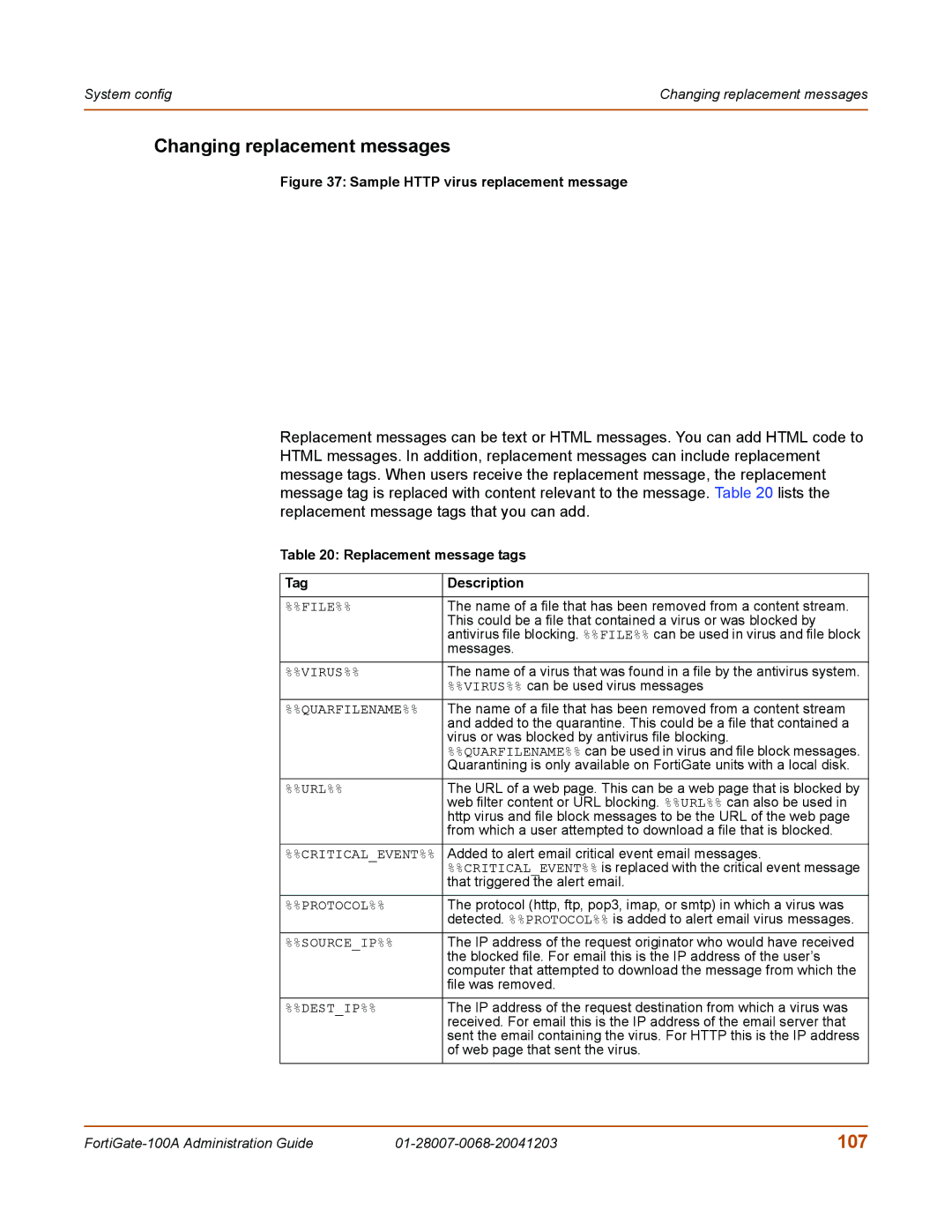 Fortinet 100A manual Changing replacement messages, 107, Replacement message tags Tag Description, File%%, Url%% 