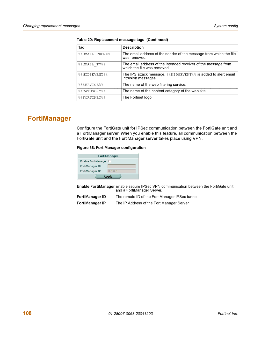 Fortinet 100A manual FortiManager, 108, Replacement message tags, Tag Description 