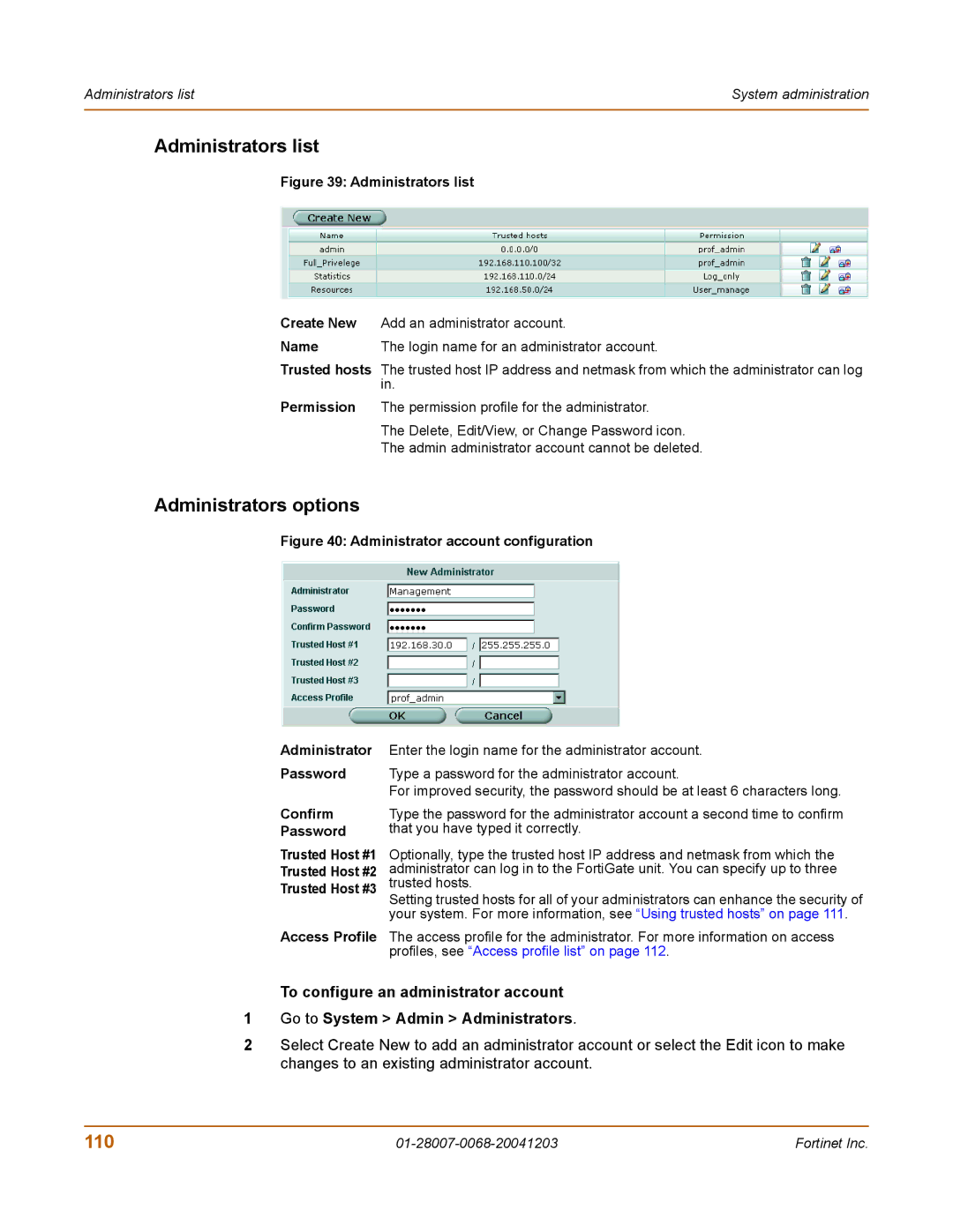 Fortinet 100A manual Administrators list, Administrators options 