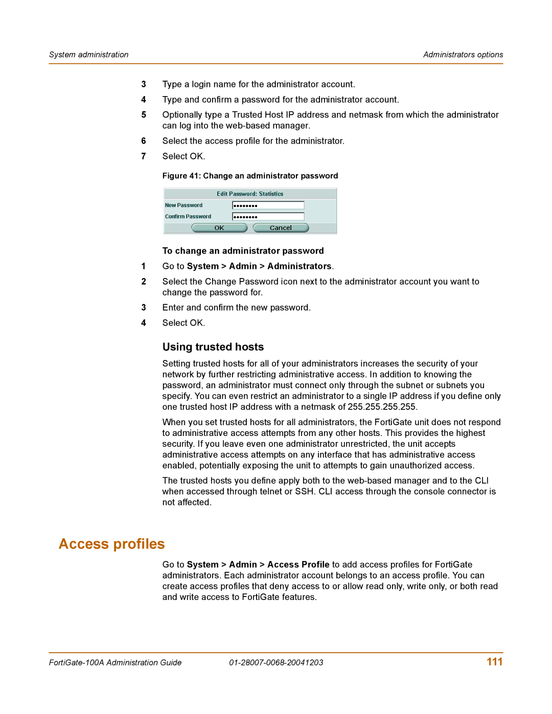 Fortinet 100A manual Access profiles, Using trusted hosts, 111 