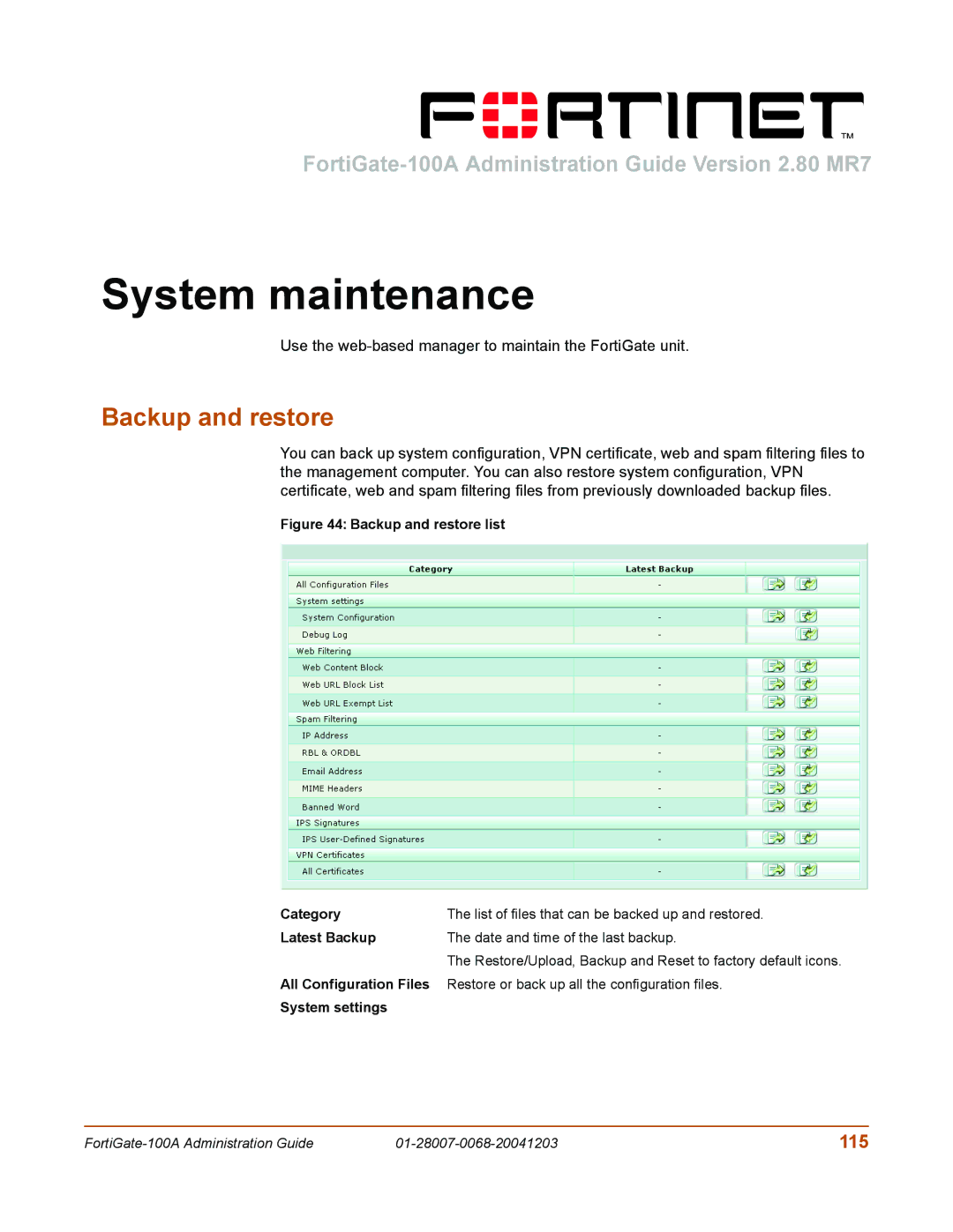 Fortinet 100A manual System maintenance, Backup and restore, 115, Use the web-based manager to maintain the FortiGate unit 