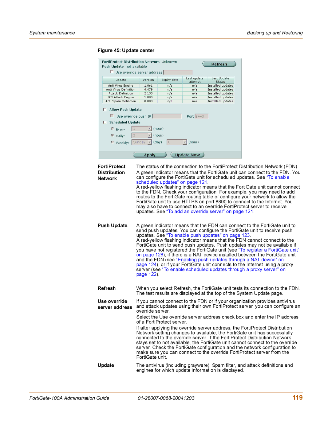 Fortinet 100A manual 119, Update center 