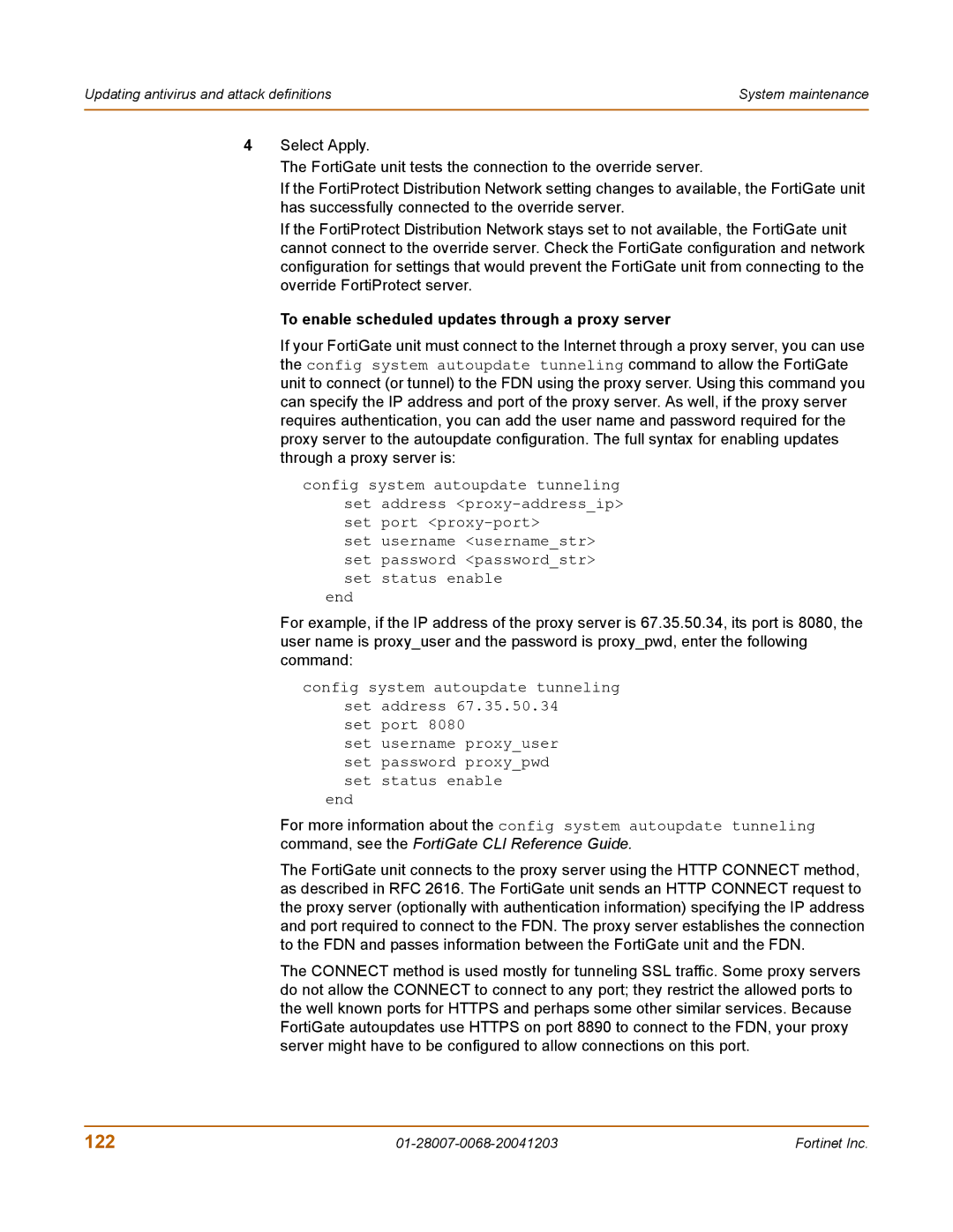 Fortinet 100A manual 122, To enable scheduled updates through a proxy server 