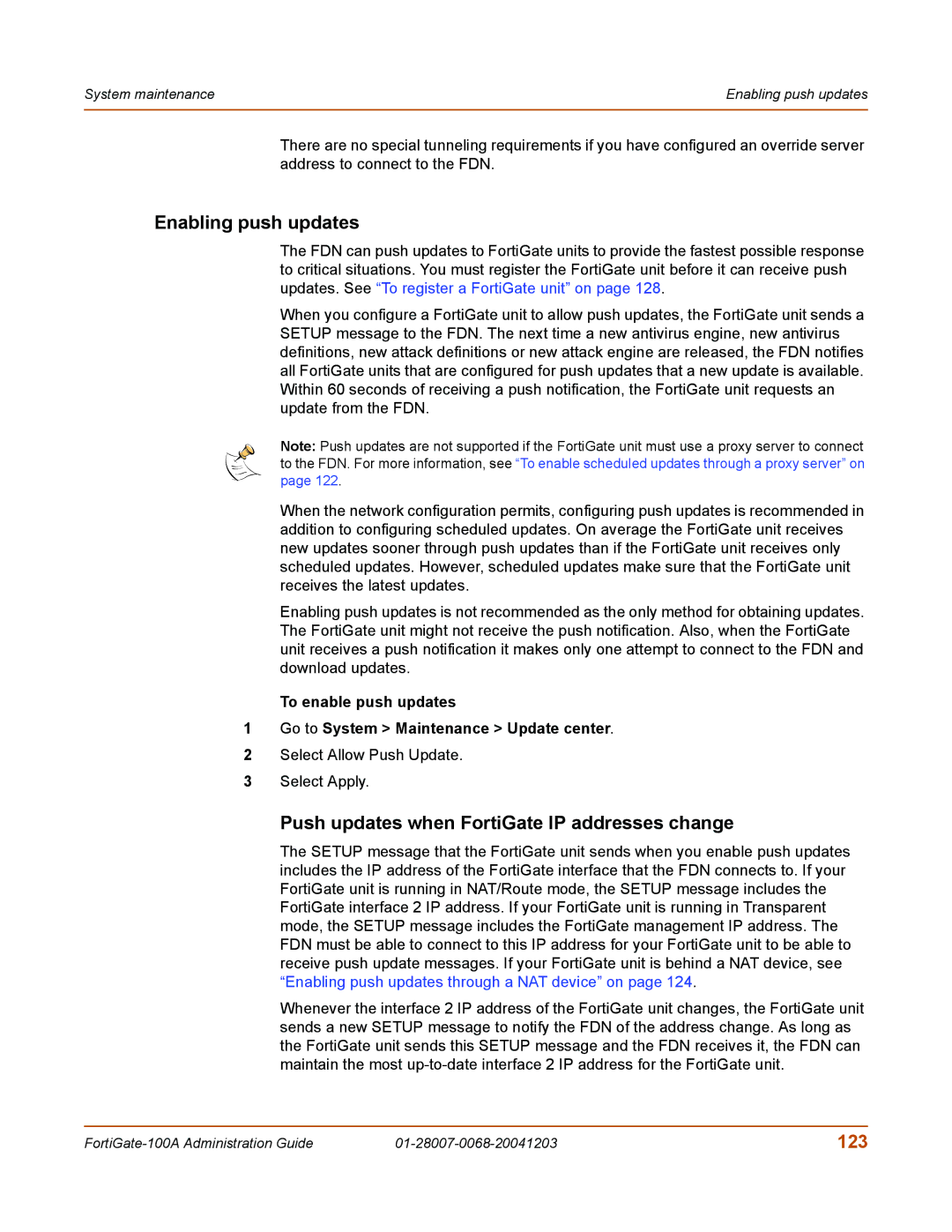 Fortinet 100A manual Enabling push updates, Push updates when FortiGate IP addresses change, 123 