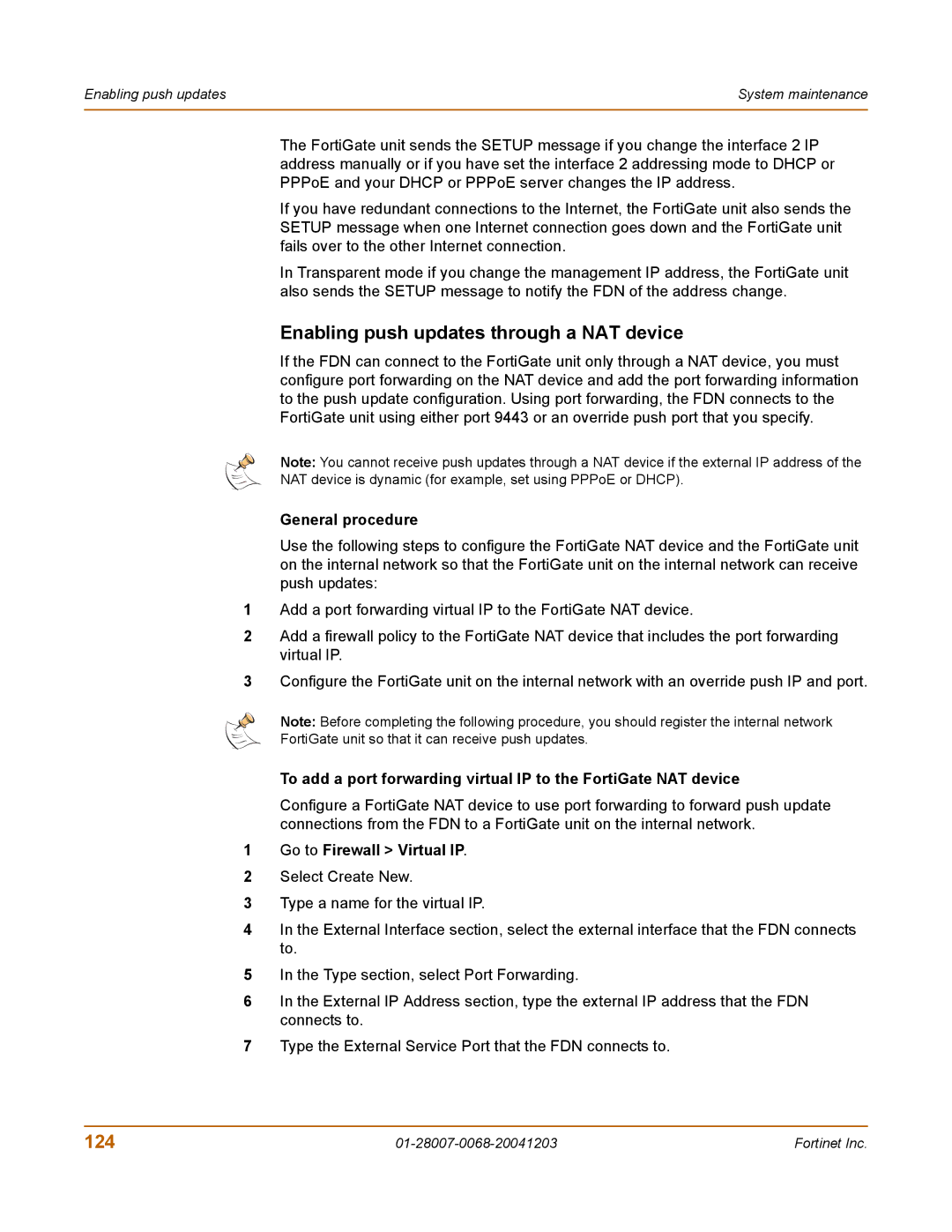 Fortinet 100A manual Enabling push updates through a NAT device, 124, General procedure, Go to Firewall Virtual IP 