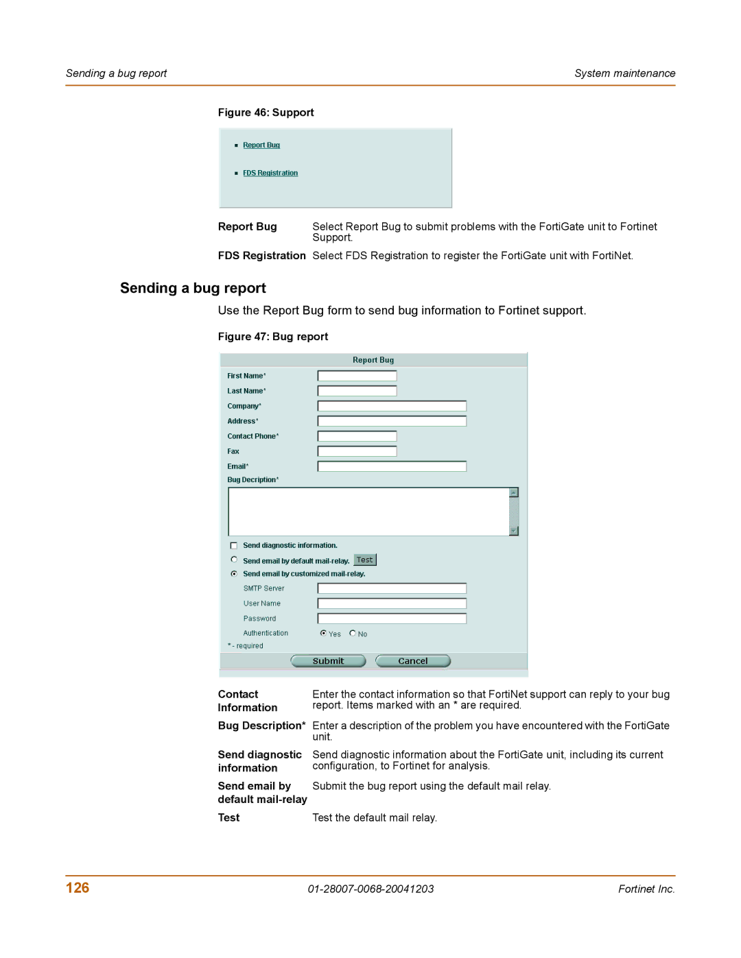 Fortinet 100A manual Sending a bug report, 126 