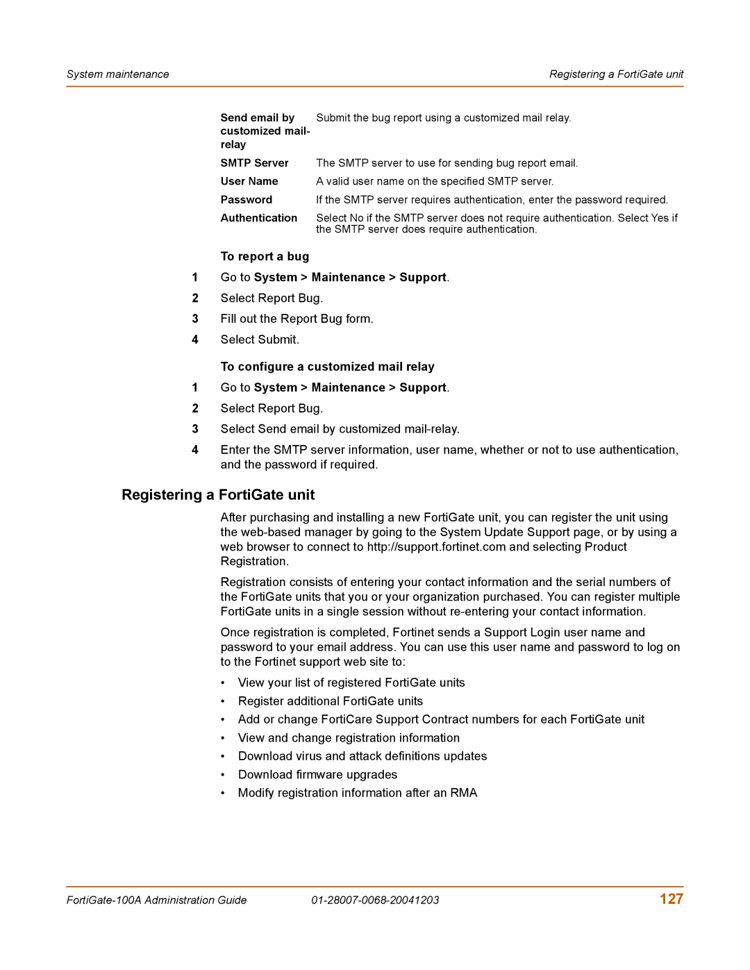 Fortinet 100A manual Registering a FortiGate unit, 127, To report a bug Go to System Maintenance Support, Relay 