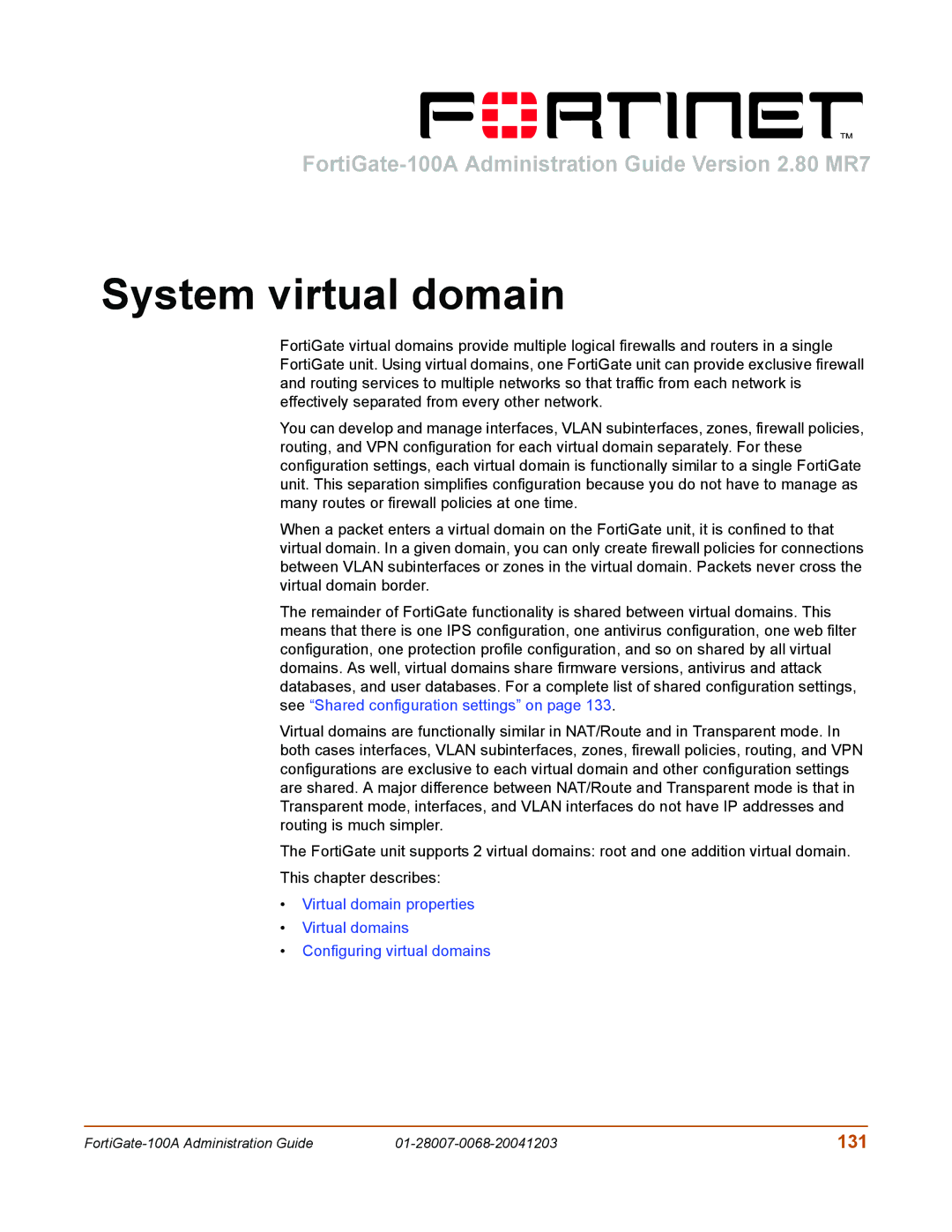 Fortinet 100A manual System virtual domain, 131 