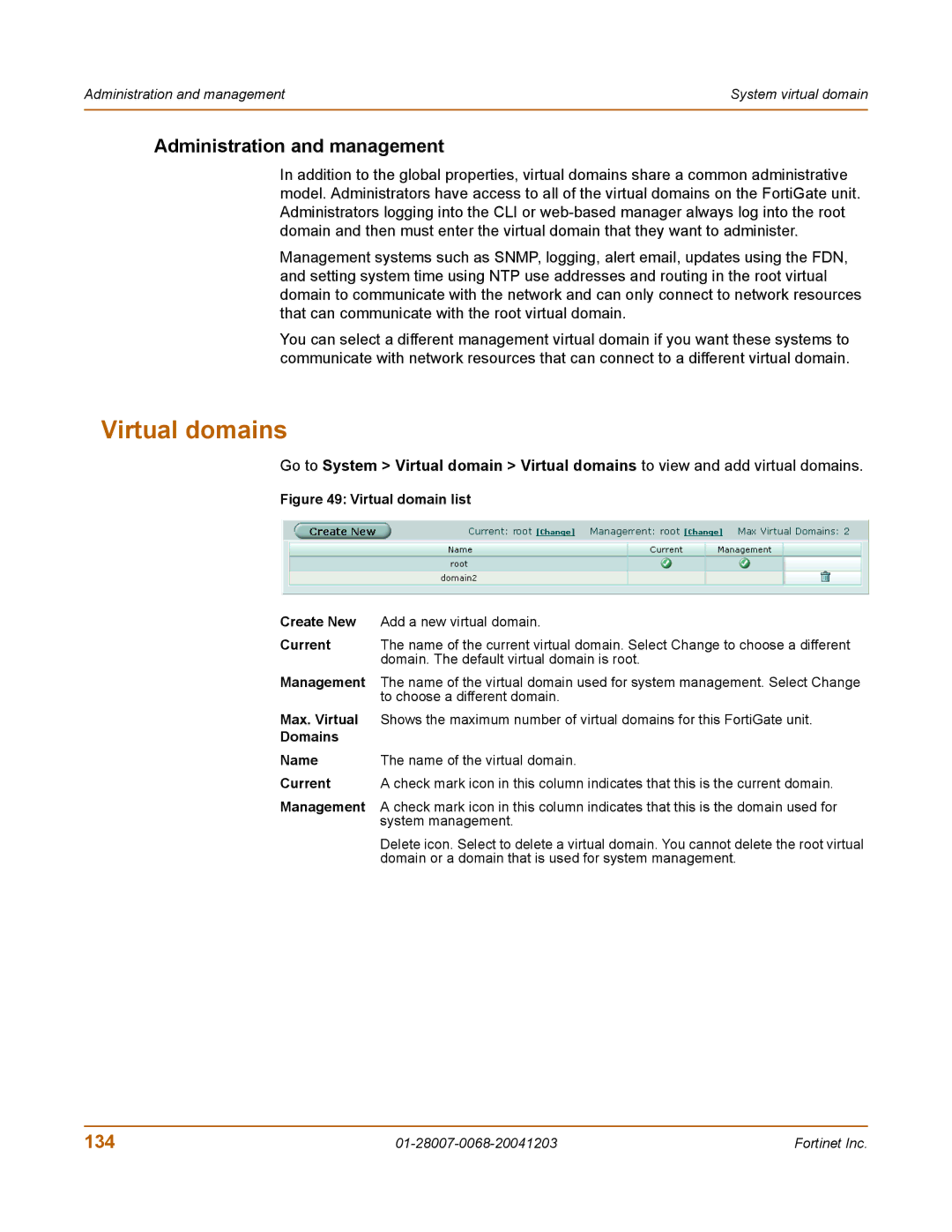 Fortinet 100A manual Virtual domains, Administration and management, 134 