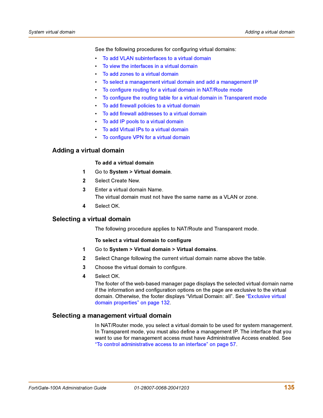 Fortinet 100A manual Adding a virtual domain, Selecting a virtual domain, Selecting a management virtual domain, 135 