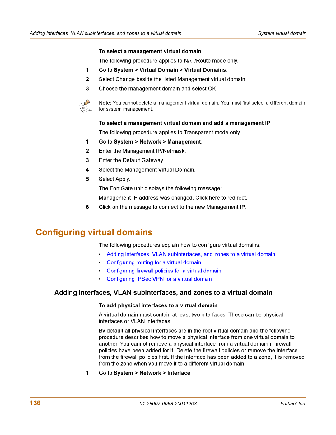 Fortinet 100A manual Configuring virtual domains, 136, To select a management virtual domain 