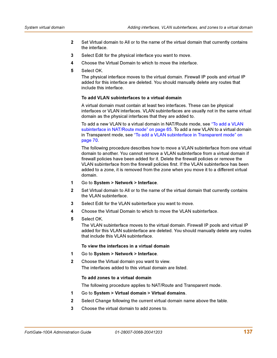 Fortinet 100A manual 137, To add Vlan subinterfaces to a virtual domain, To add zones to a virtual domain 