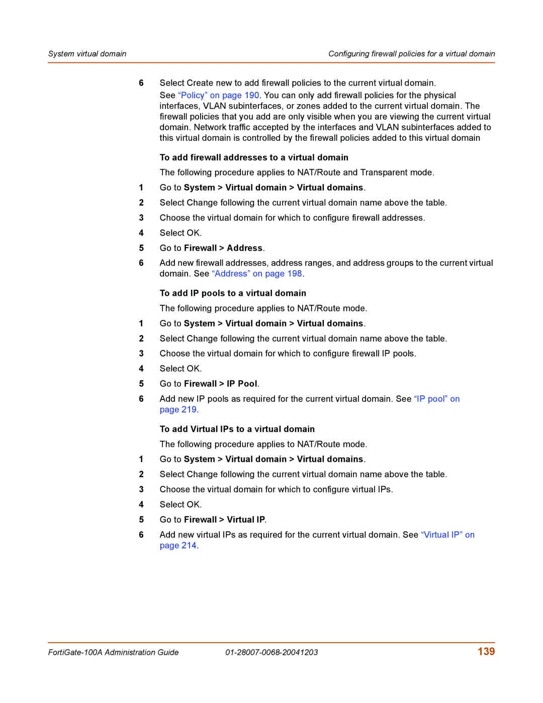 Fortinet 100A manual 139, To add firewall addresses to a virtual domain, To add IP pools to a virtual domain 