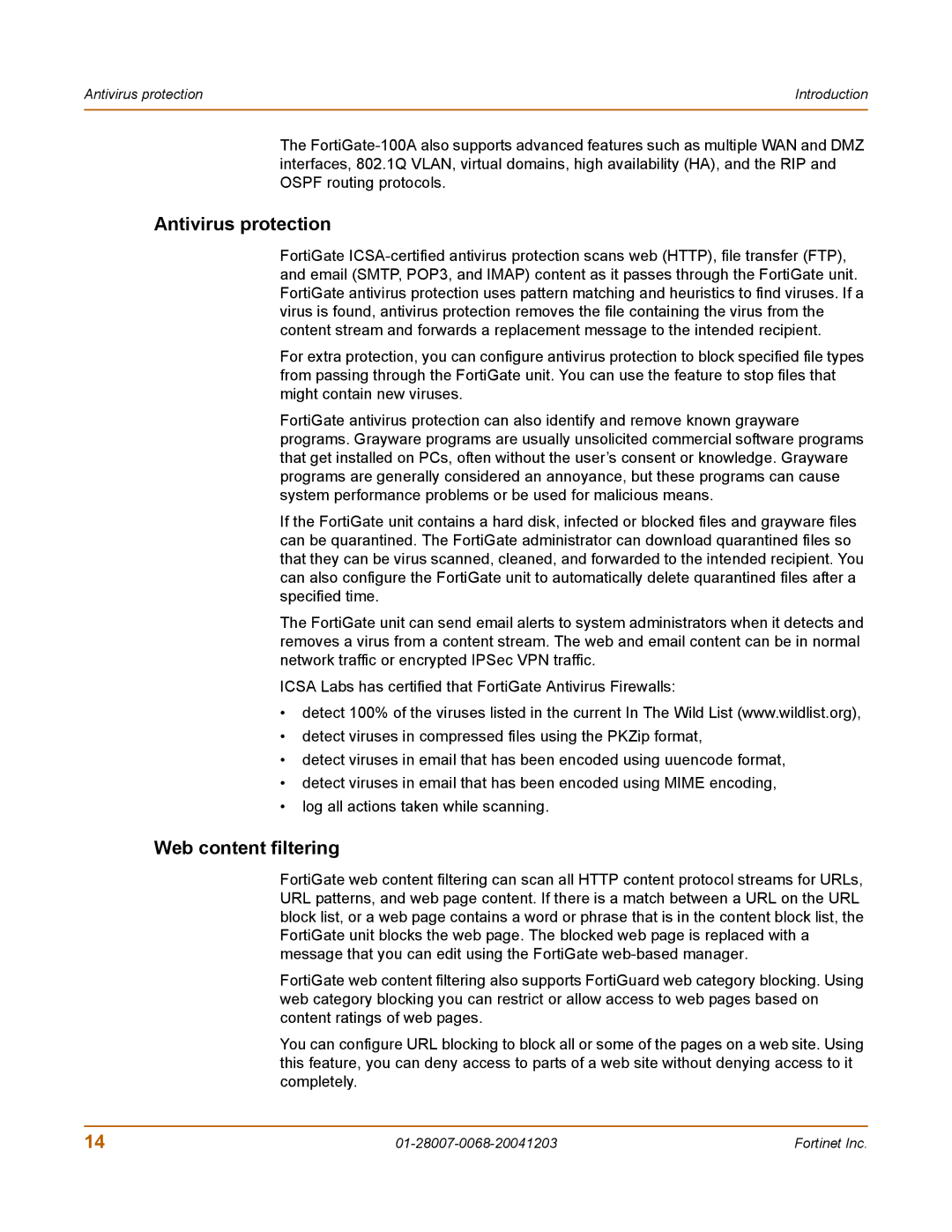 Fortinet 100A manual Antivirus protection, Web content filtering 