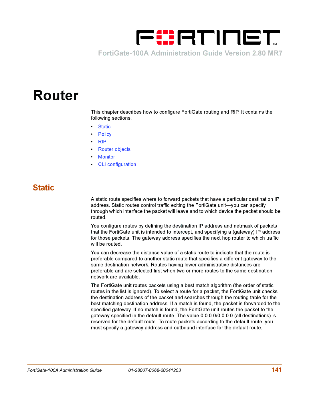 Fortinet 100A manual Router, Static, 141 