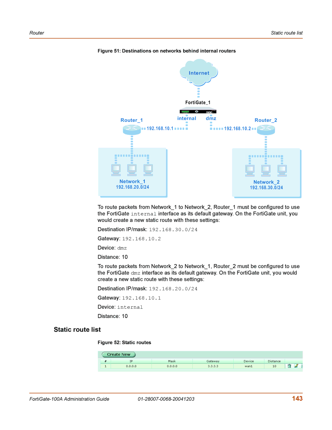 Fortinet 100A manual Static route list, 143, Device internal Distance 