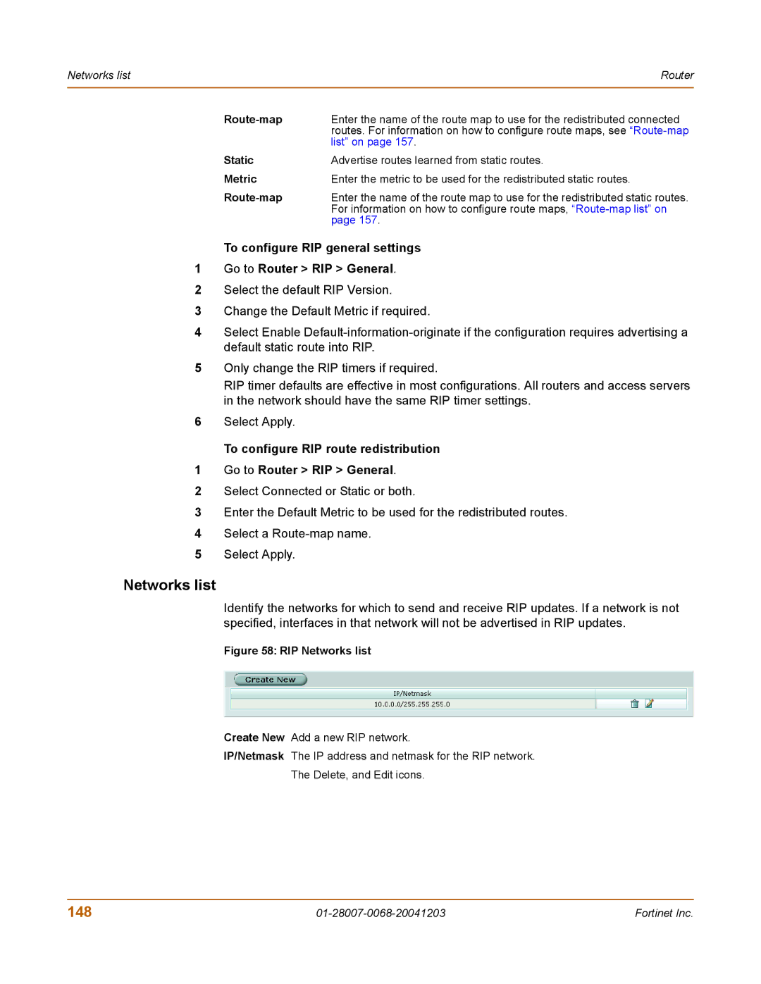 Fortinet 100A manual Networks list, 148, To configure RIP general settings Go to Router RIP General 