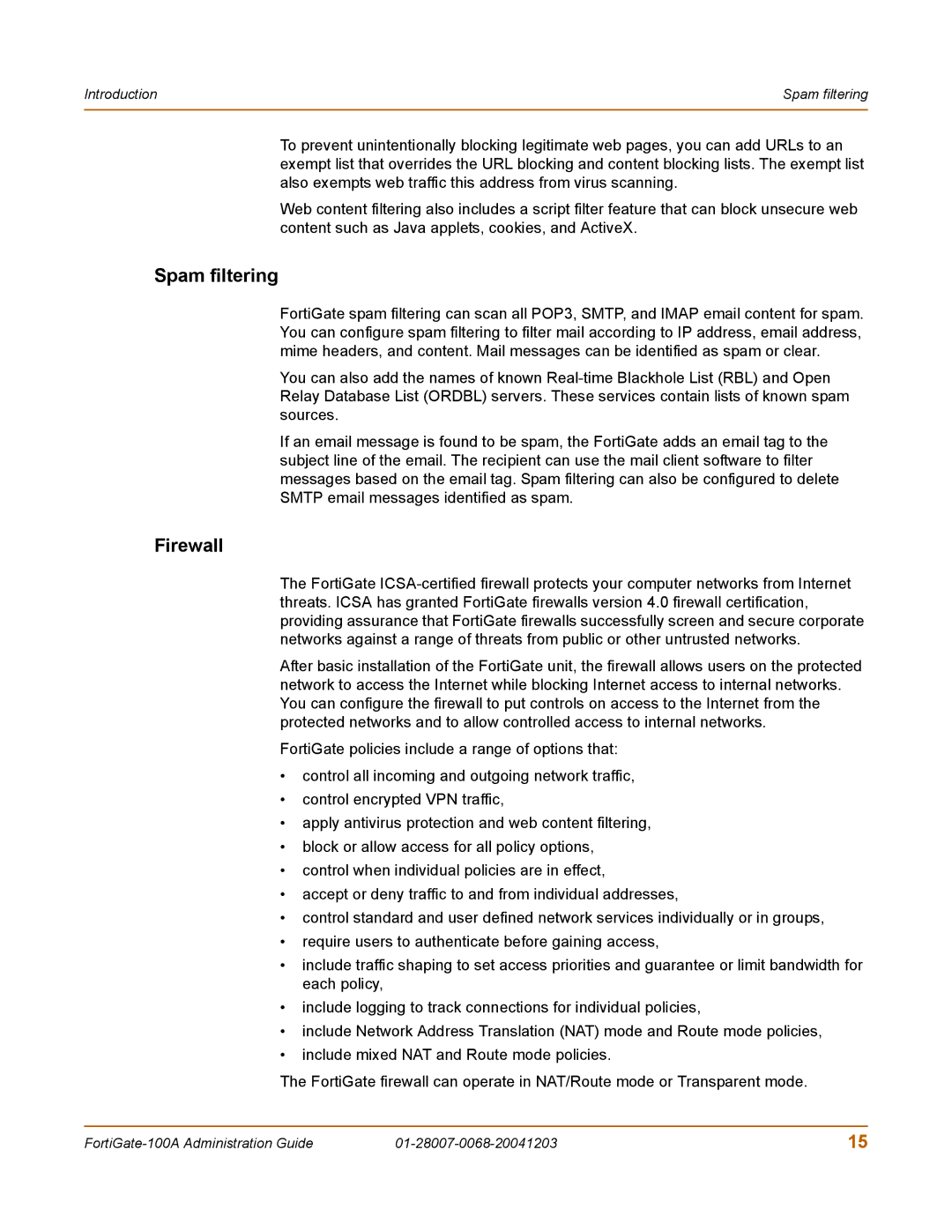 Fortinet 100A manual Spam filtering, Firewall 