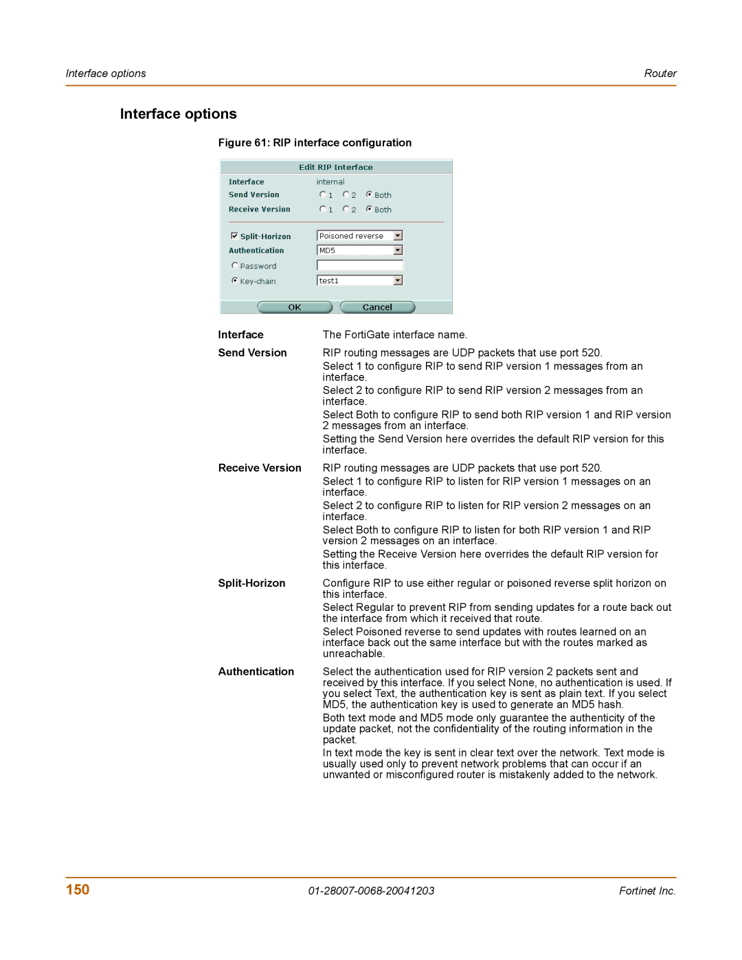 Fortinet 100A manual Interface options, 150, Split-Horizon 