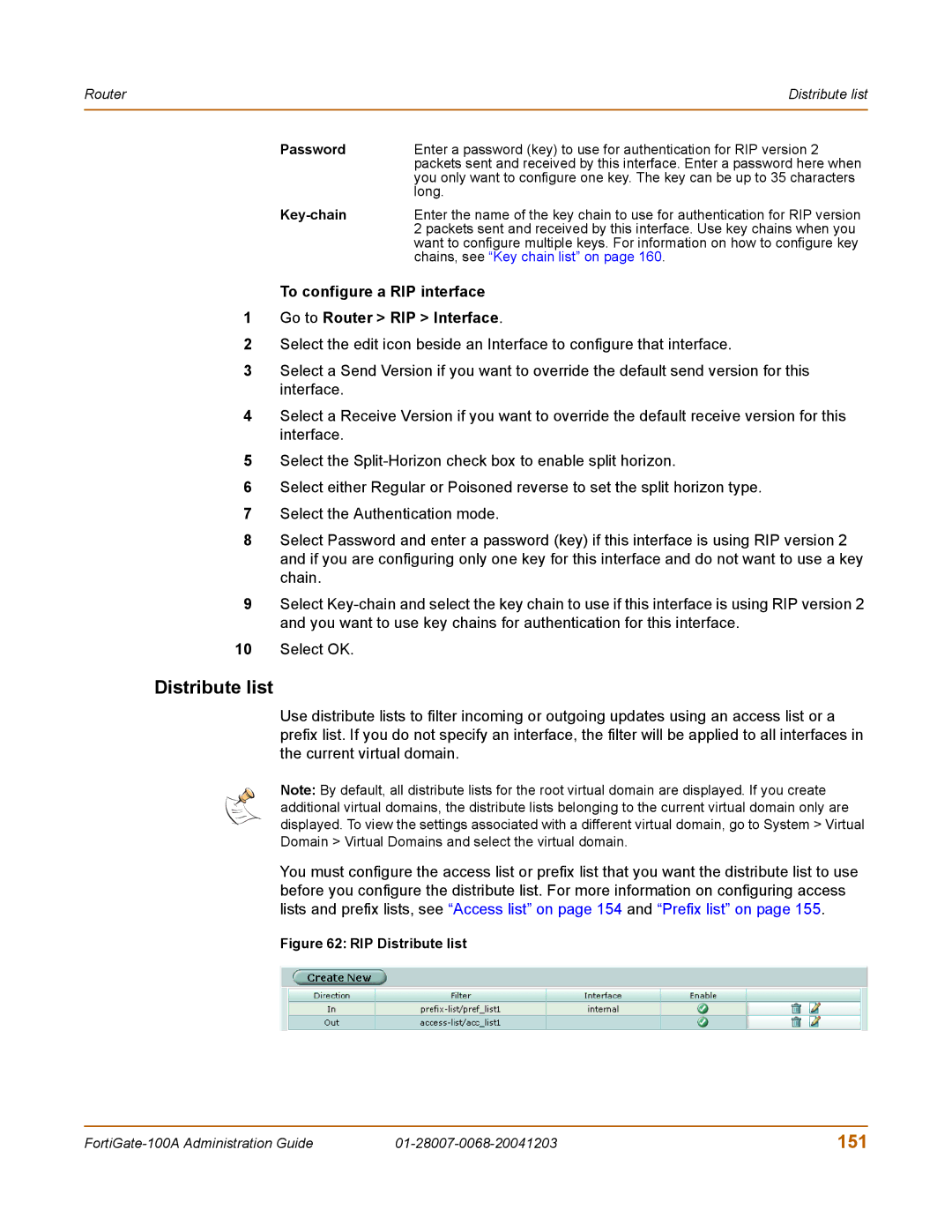 Fortinet 100A manual Distribute list, 151, To configure a RIP interface Go to Router RIP Interface, Password, Key-chain 