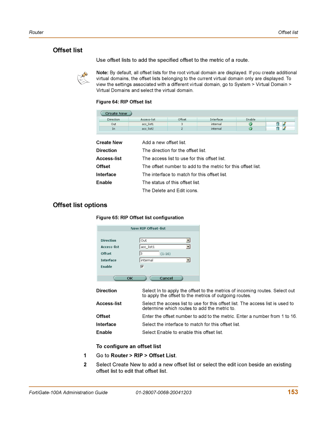 Fortinet 100A manual Offset list options, 153, To configure an offset list Go to Router RIP Offset List 