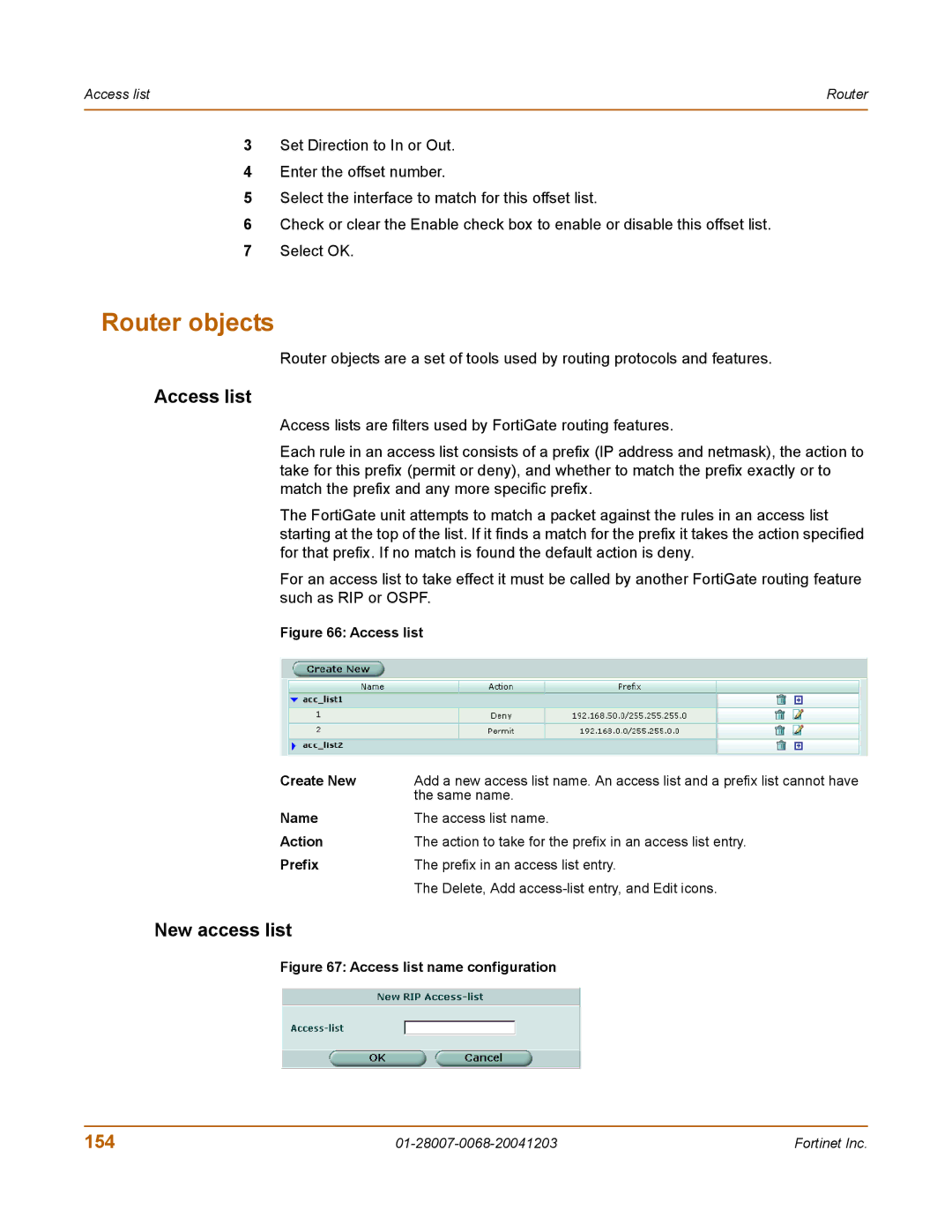 Fortinet 100A manual Router objects, Access list, New access list, 154 