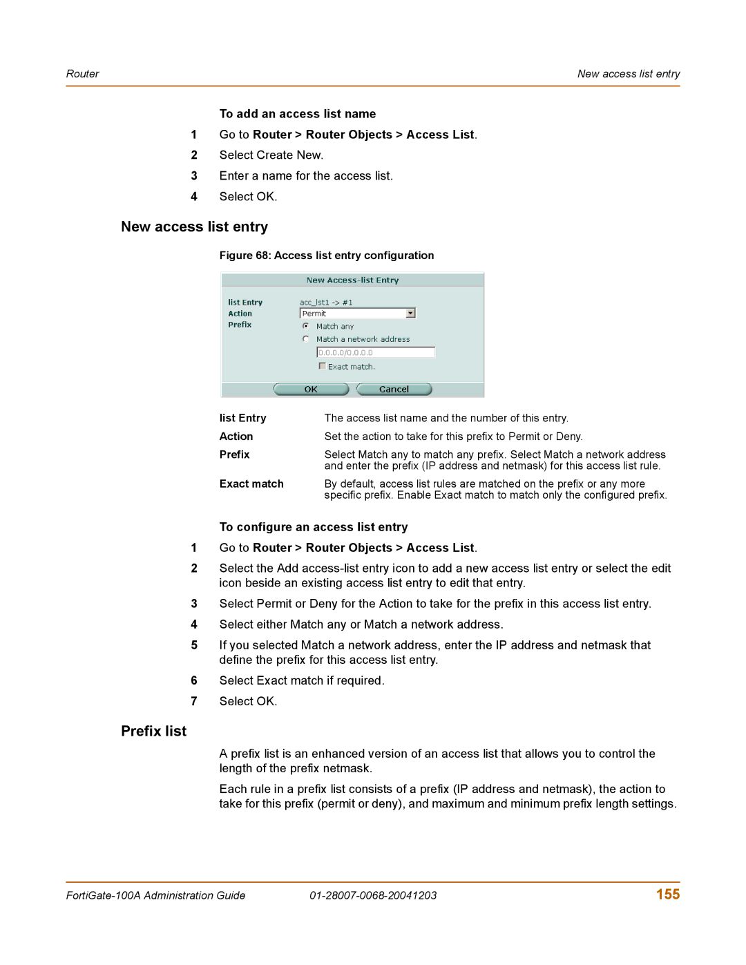 Fortinet 100A manual New access list entry, Prefix list, 155 