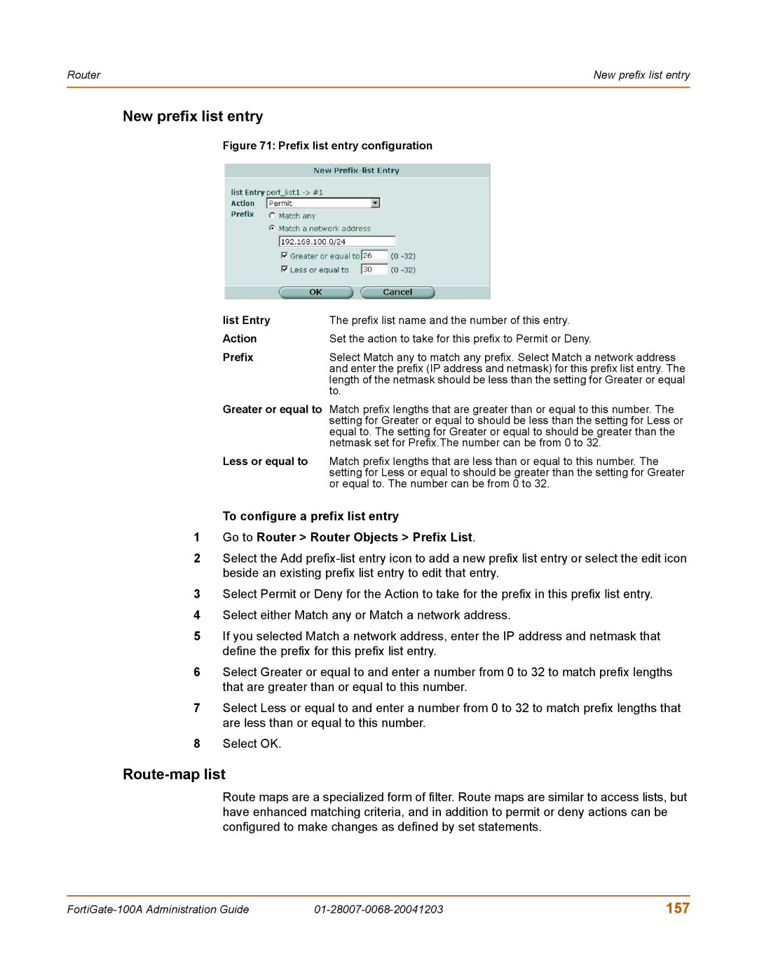 Fortinet 100A manual New prefix list entry, Route-map list, 157 