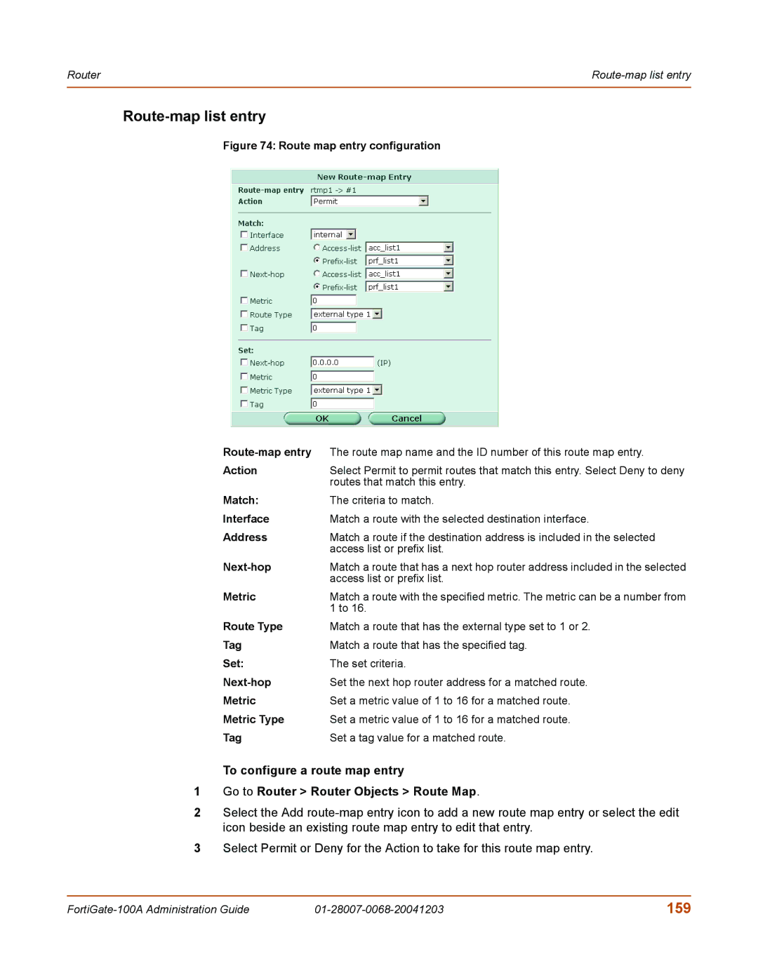 Fortinet 100A manual Route-map list entry, 159 