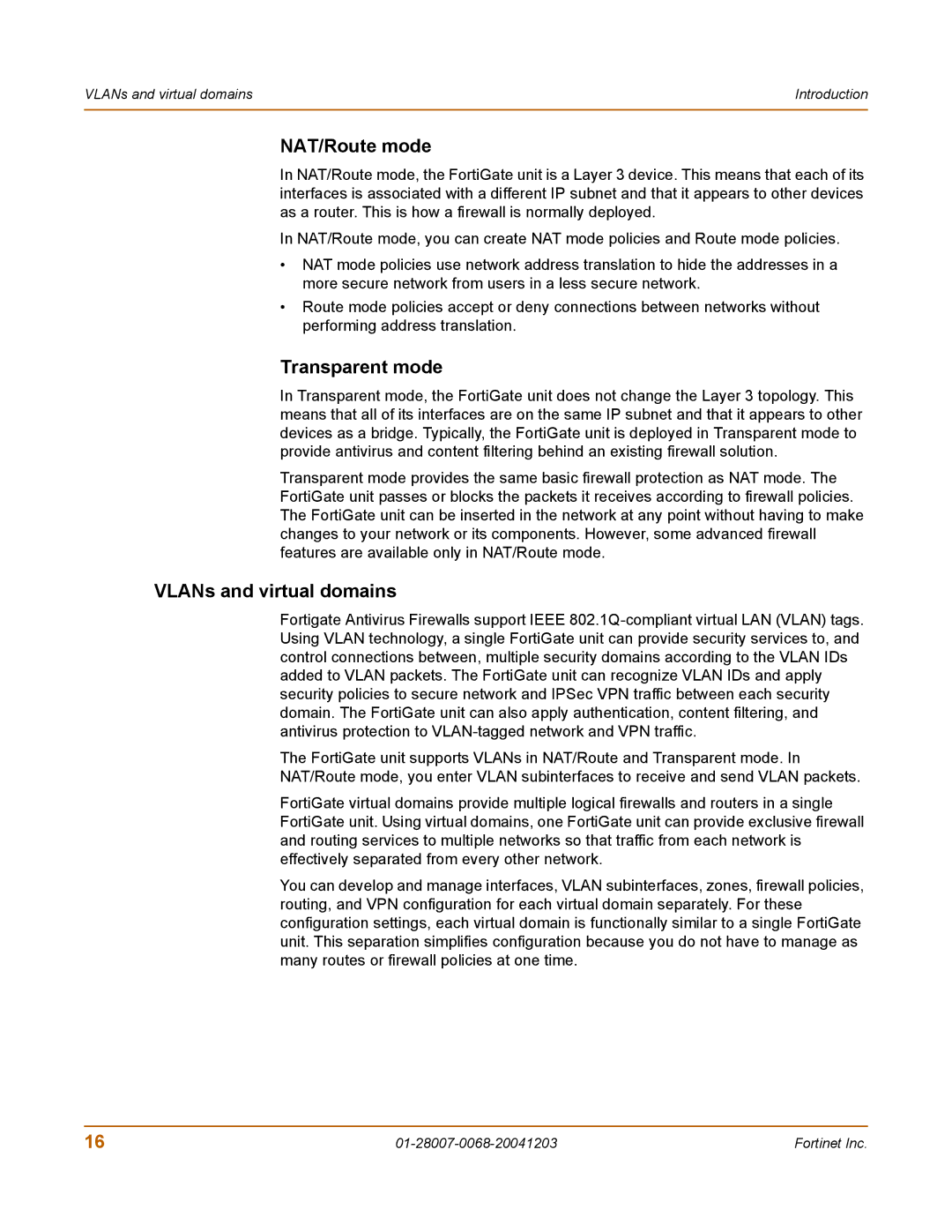 Fortinet 100A manual NAT/Route mode, Transparent mode, VLANs and virtual domains 