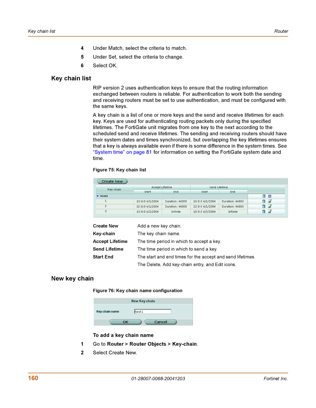 Fortinet 100A manual Key chain list, New key chain, 160 