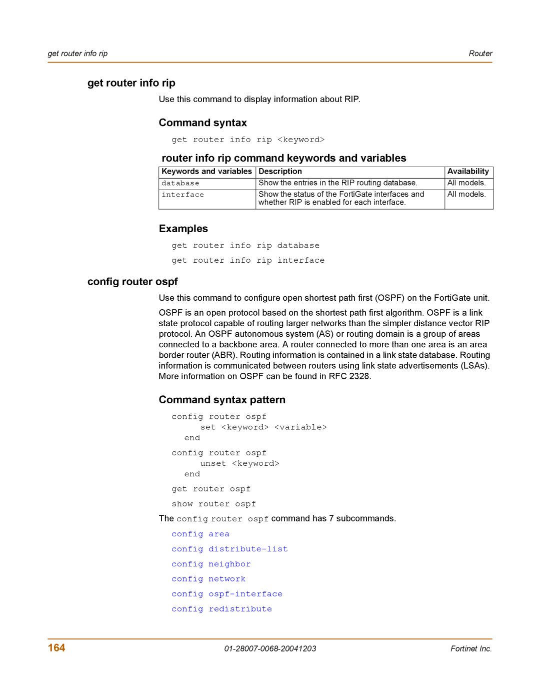 Fortinet 100A manual Get router info rip, Router info rip command keywords and variables, Config router ospf, 164 