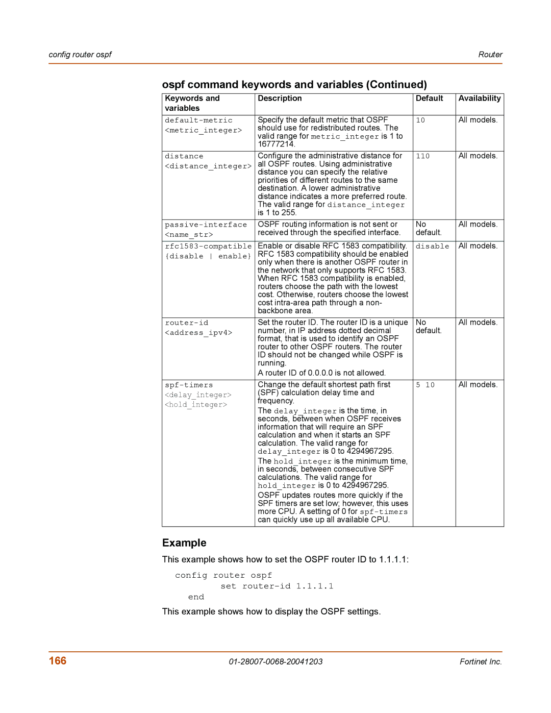 Fortinet 100A manual Example, 166, This example shows how to set the Ospf router ID to 