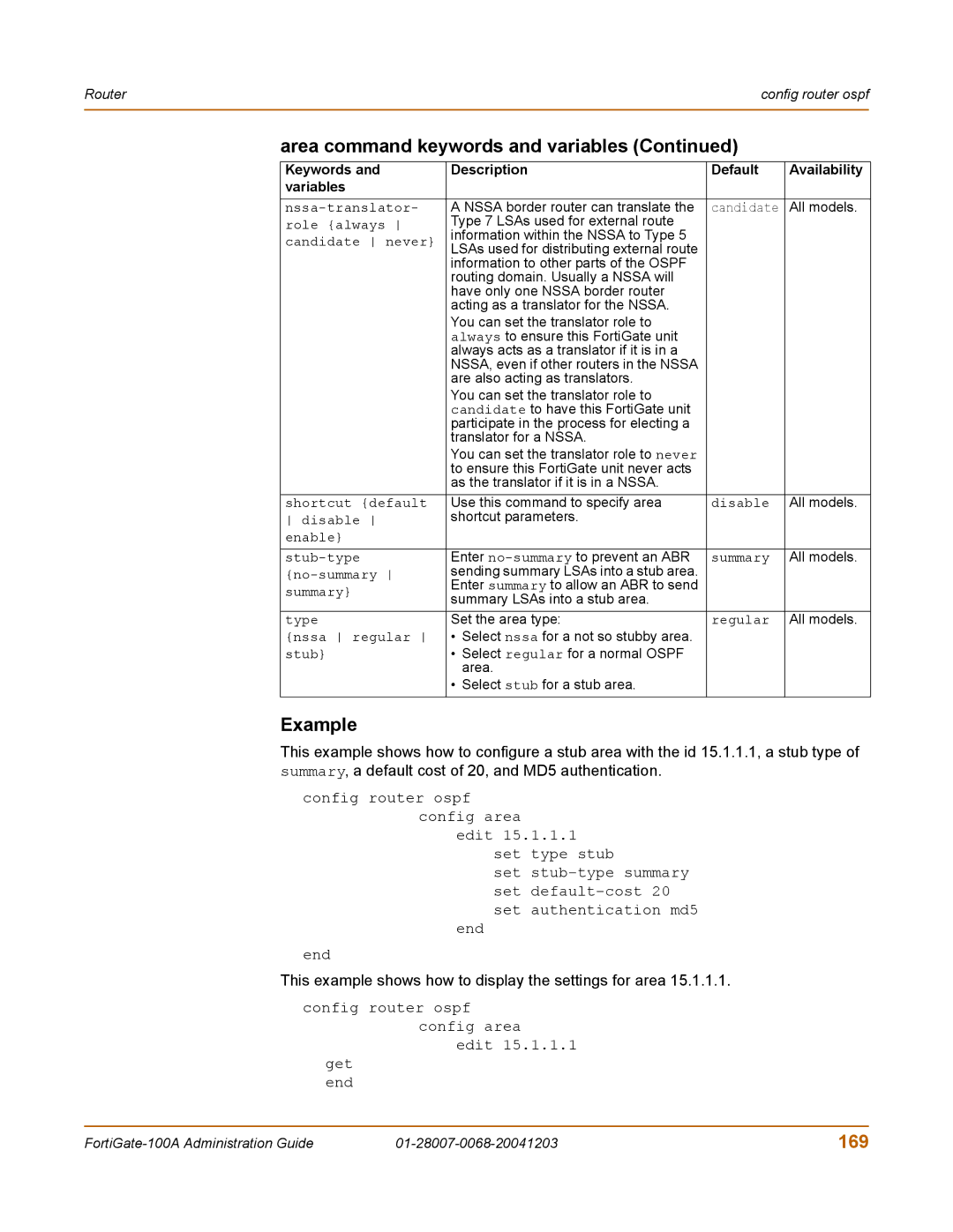 Fortinet 100A manual 169, This example shows how to display the settings for area 