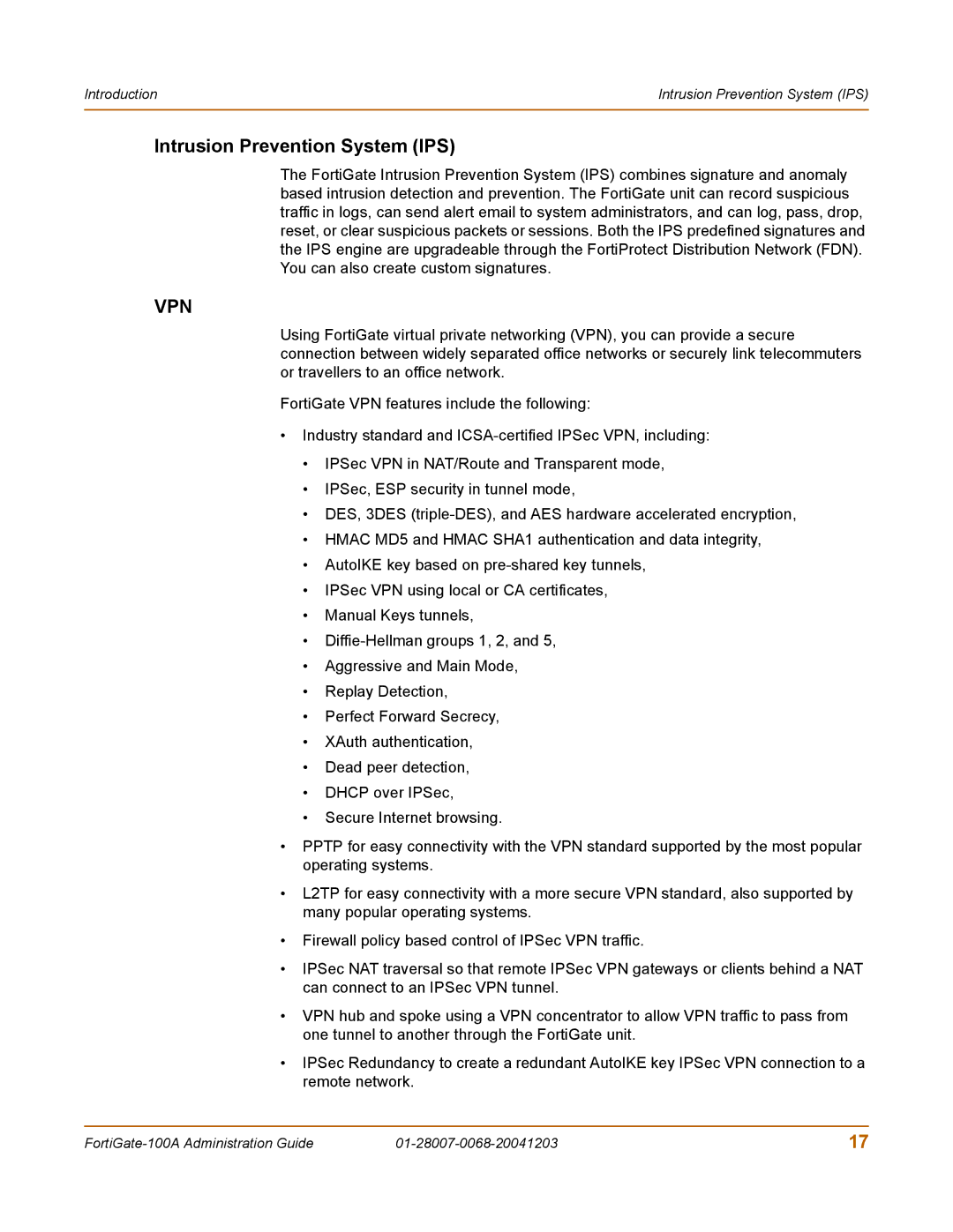 Fortinet 100A manual Intrusion Prevention System IPS, Vpn 