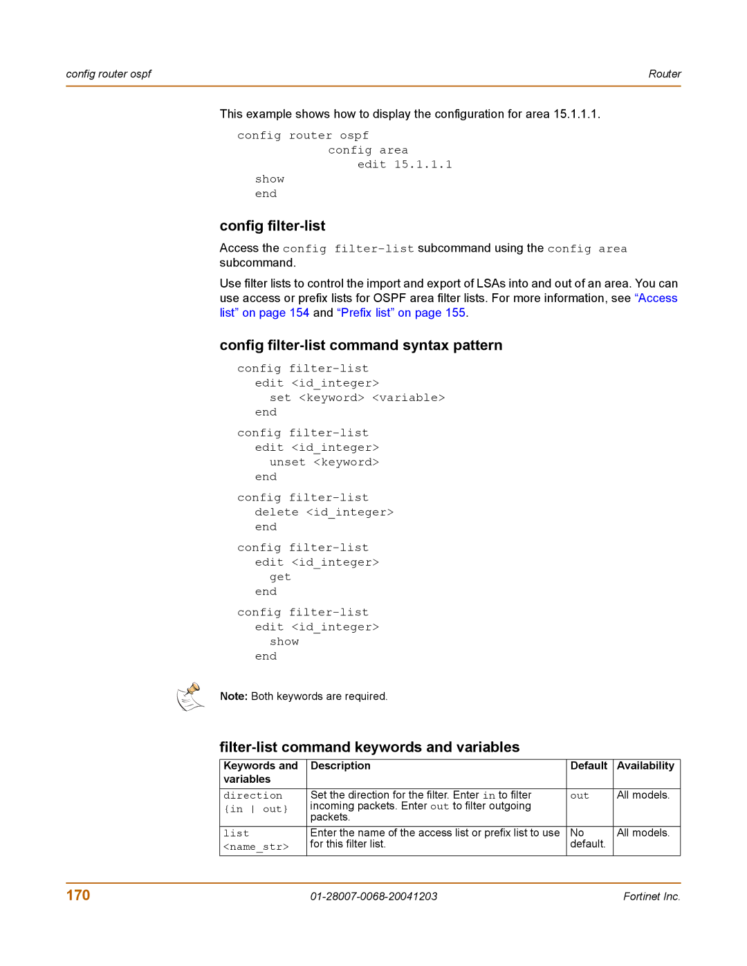 Fortinet 100A manual Config filter-list command syntax pattern, Filter-list command keywords and variables, 170 