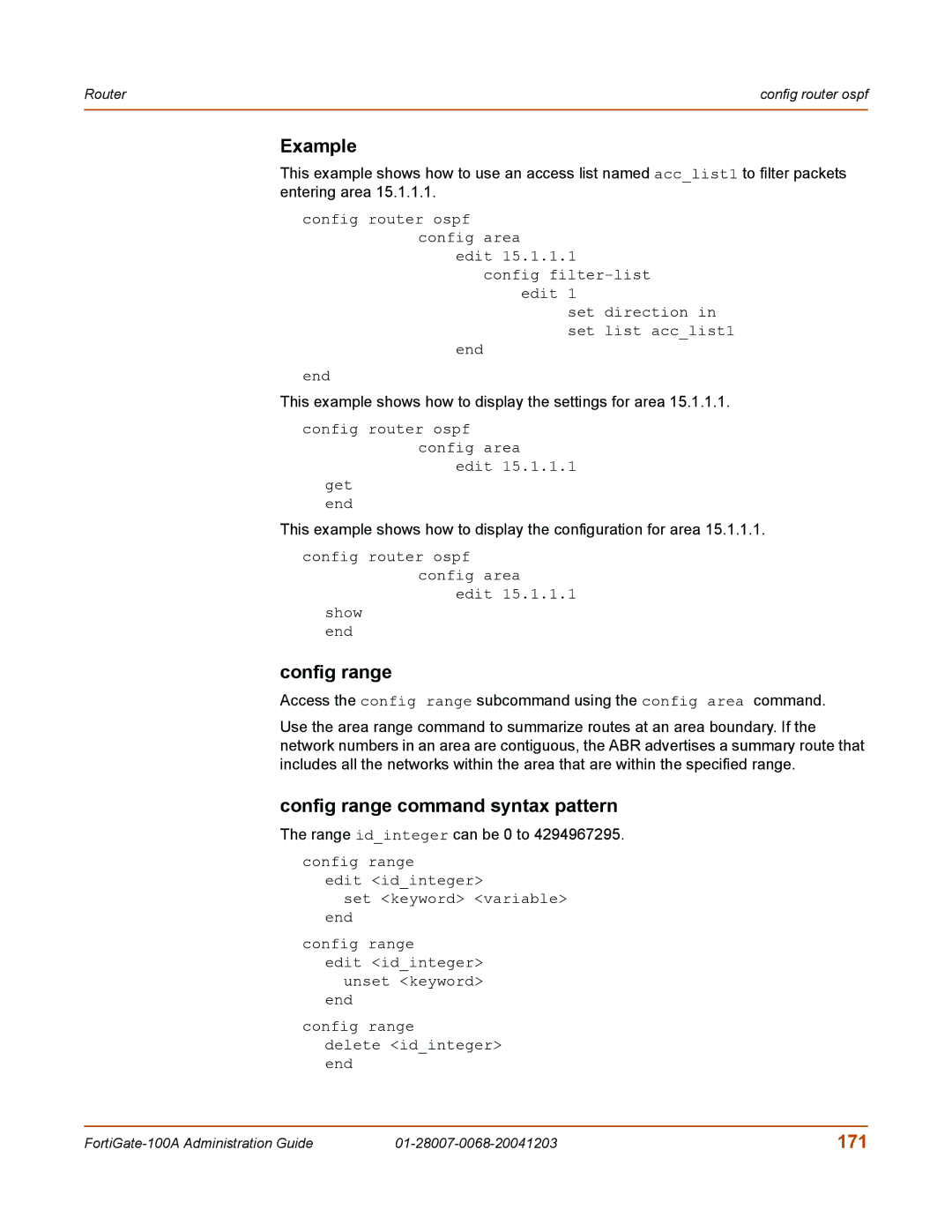 Fortinet 100A manual Config range command syntax pattern, 171, Range idinteger can be 0 to 