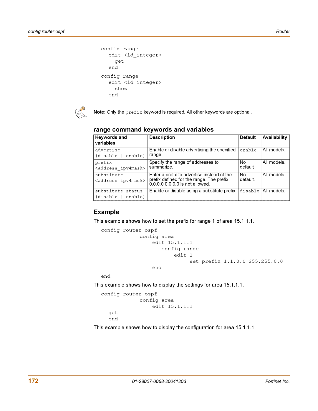 Fortinet 100A manual Range command keywords and variables, 172 