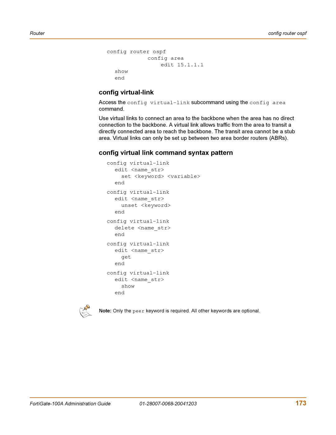 Fortinet 100A manual Config virtual-link, Config virtual link command syntax pattern, 173, Command 