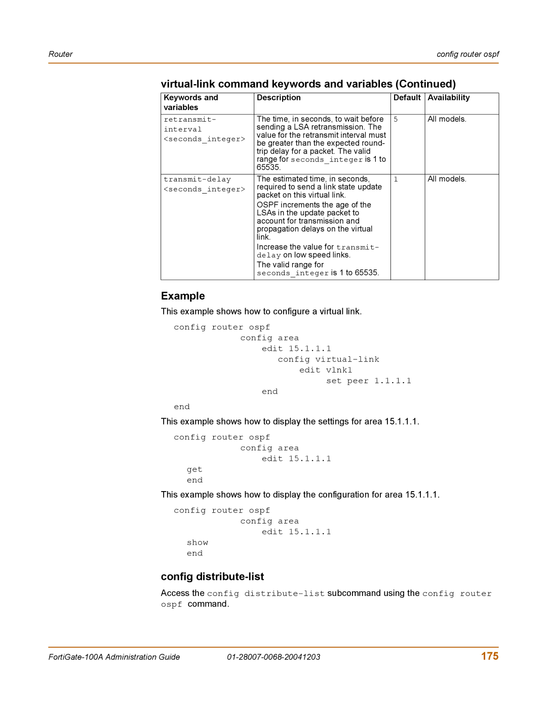 Fortinet 100A manual Config distribute-list, 175, This example shows how to configure a virtual link 