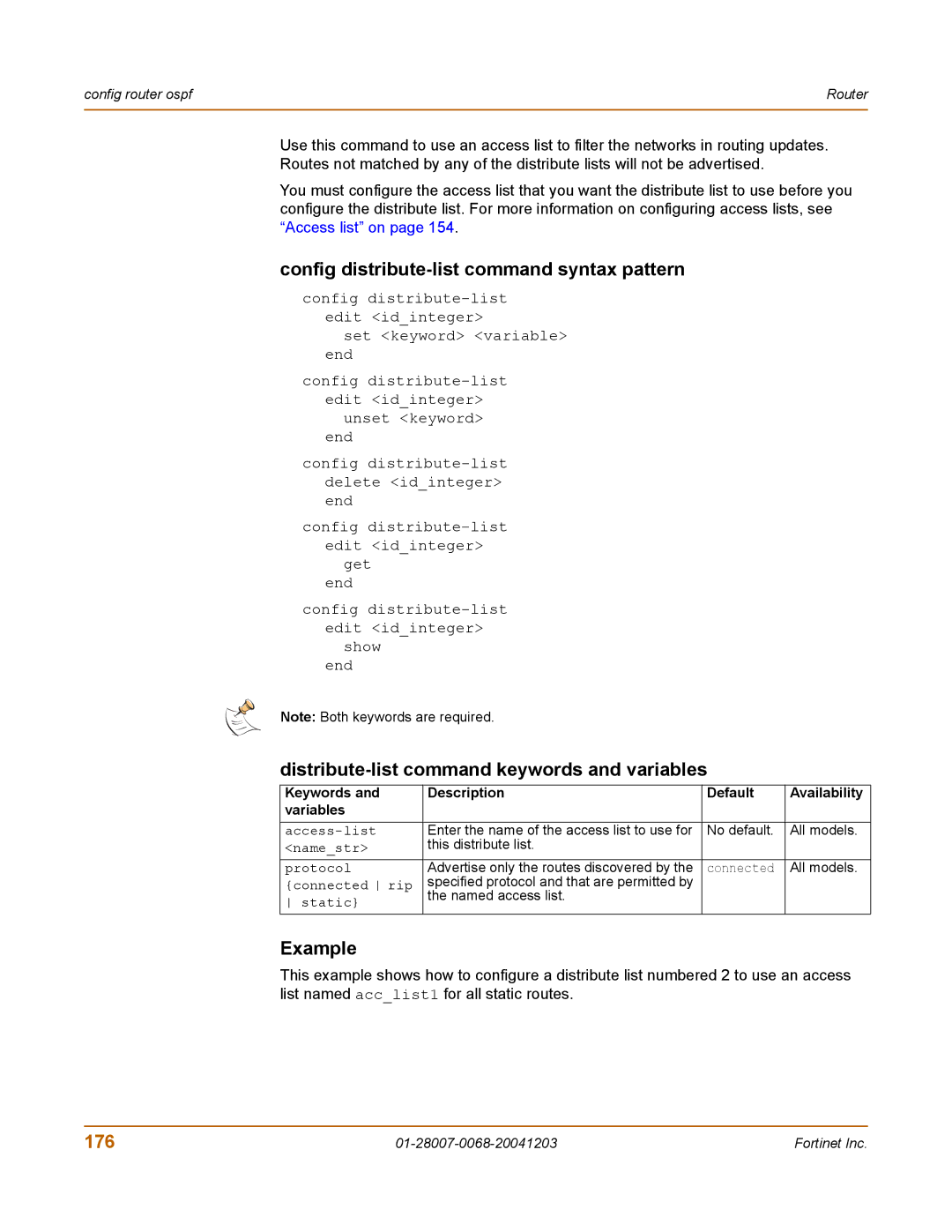 Fortinet 100A manual Config distribute-list command syntax pattern, Distribute-list command keywords and variables, 176 