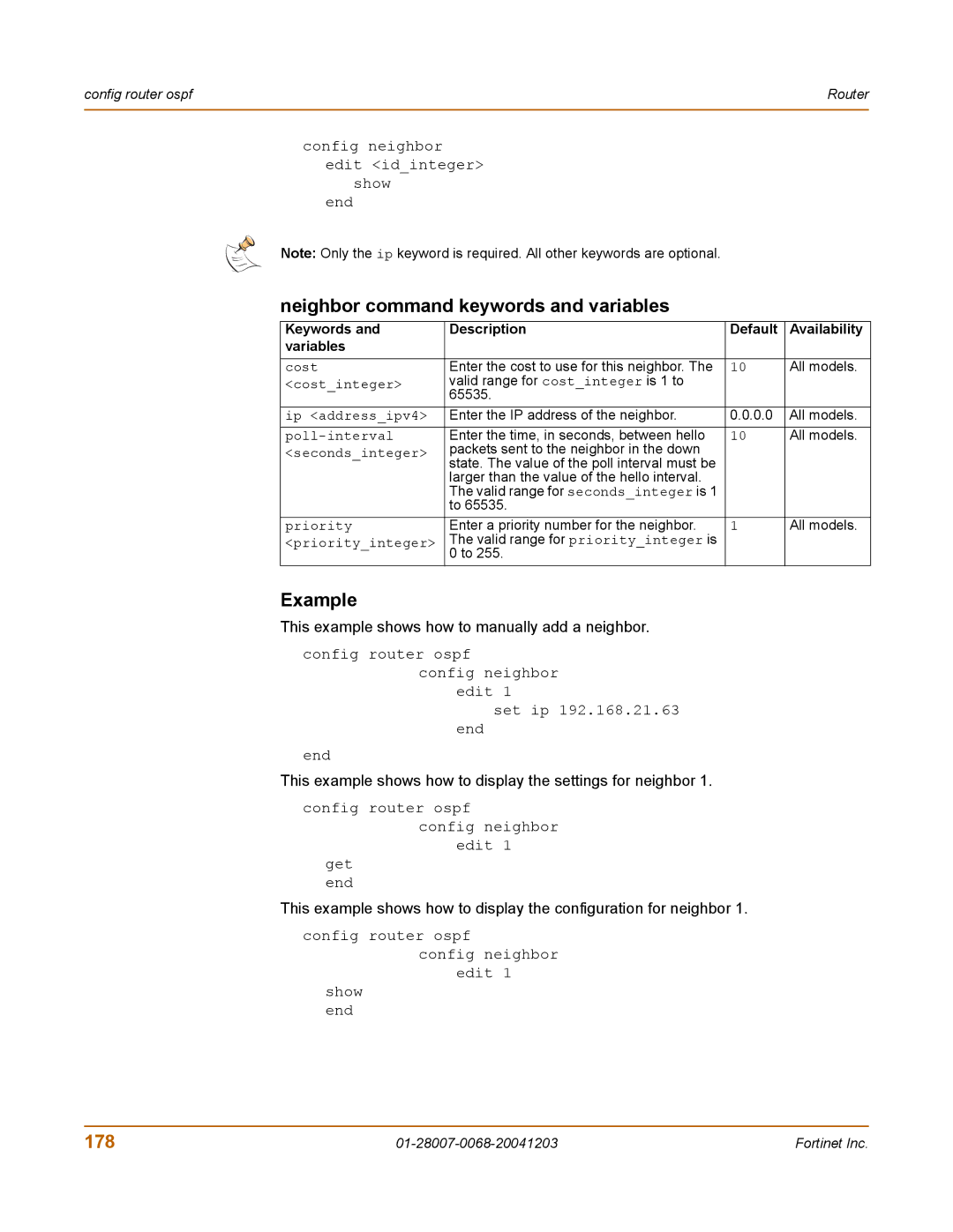 Fortinet 100A Neighbor command keywords and variables, 178, This example shows how to manually add a neighbor 